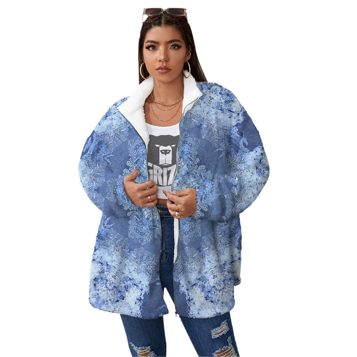 Kaleidoscope Blue Snowflake Print Women's Sherpa Jacket-grizzshop