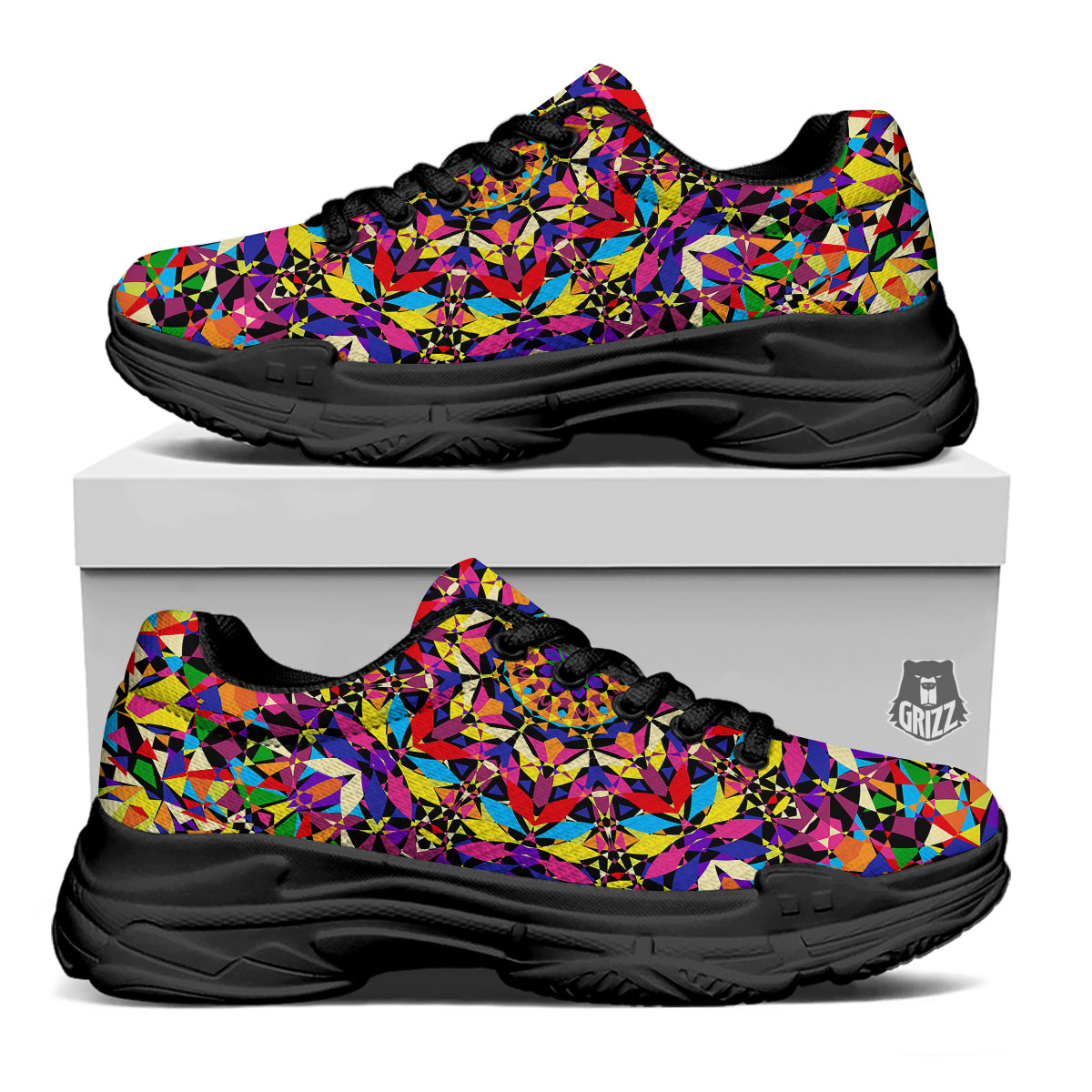 Kaleidoscope Colorful Print Black Chunky Shoes-grizzshop