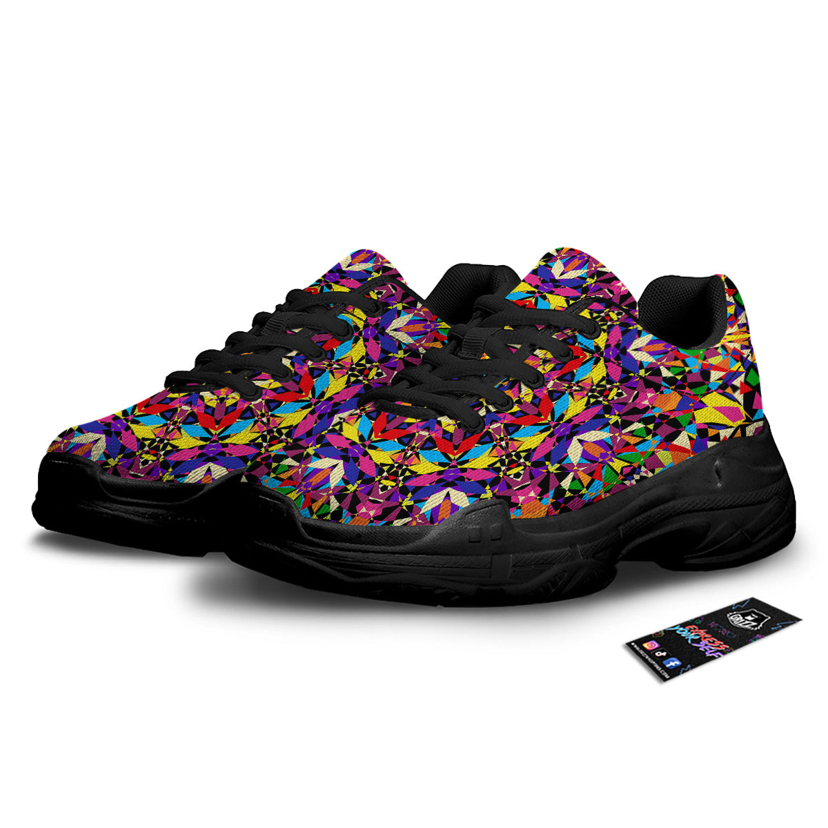 Kaleidoscope Colorful Print Black Chunky Shoes-grizzshop