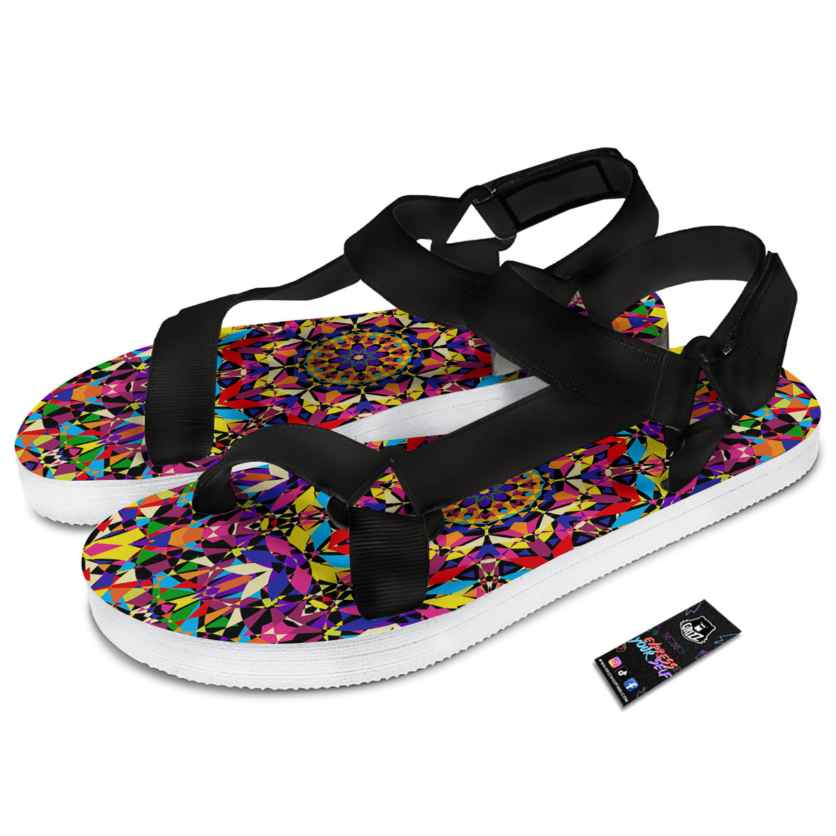 Kaleidoscope Colorful Print Black Open Toe Sandals-grizzshop