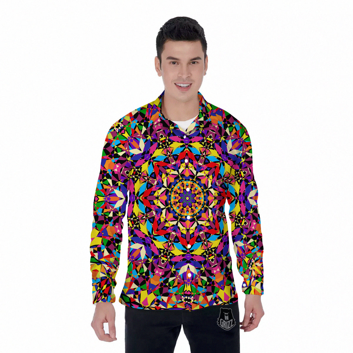 Kaleidoscope Colorful Print Men's Long Sleeve Shirts-grizzshop