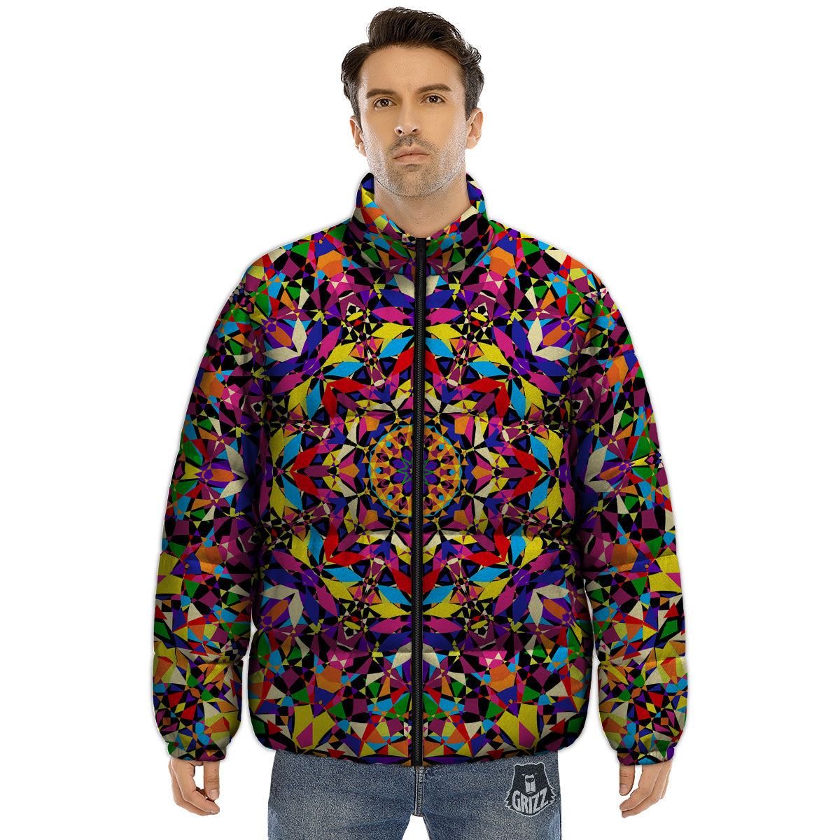 Kaleidoscope Colorful Print Puffer Jacket-grizzshop