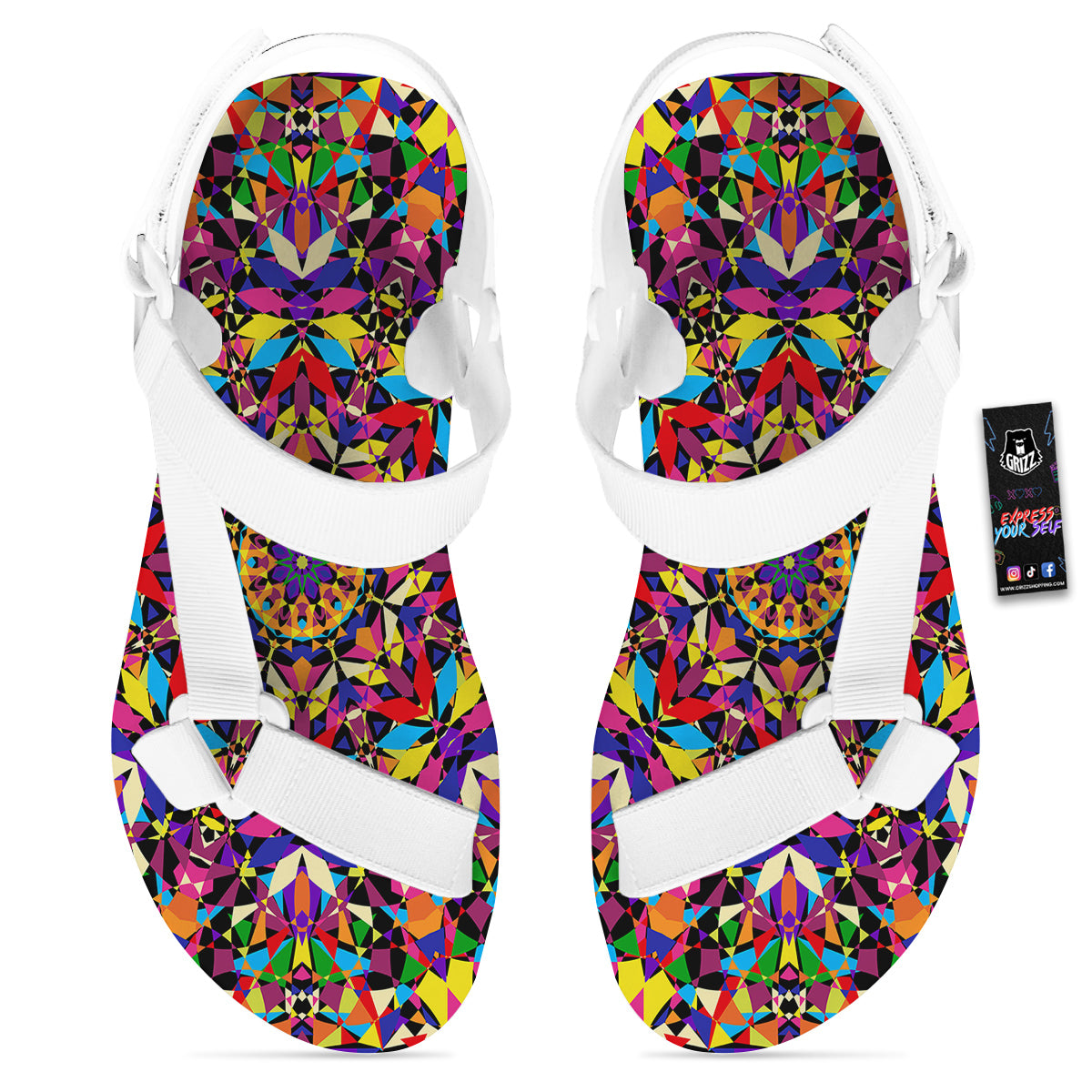 Kaleidoscope Colorful Print White Open Toe Sandals-grizzshop