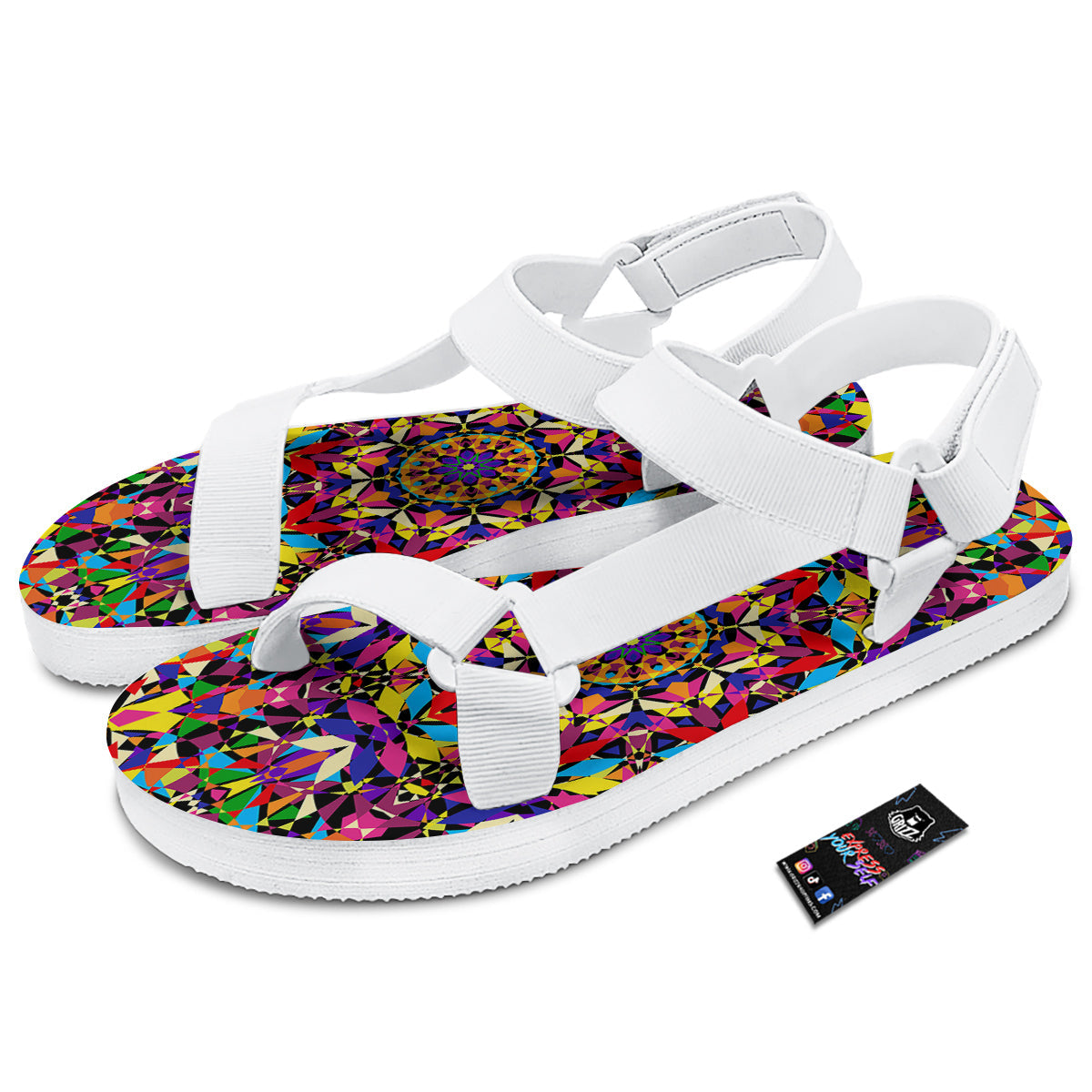 Kaleidoscope Colorful Print White Open Toe Sandals-grizzshop