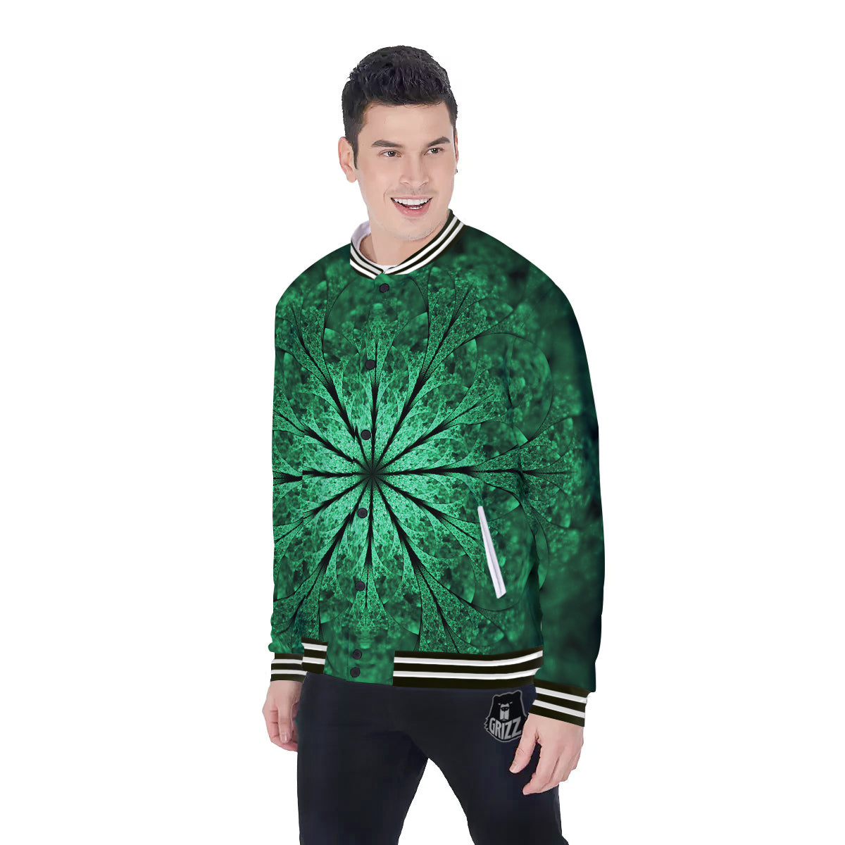 Kaleidoscope Dark Green Print Baseball Jacket-grizzshop