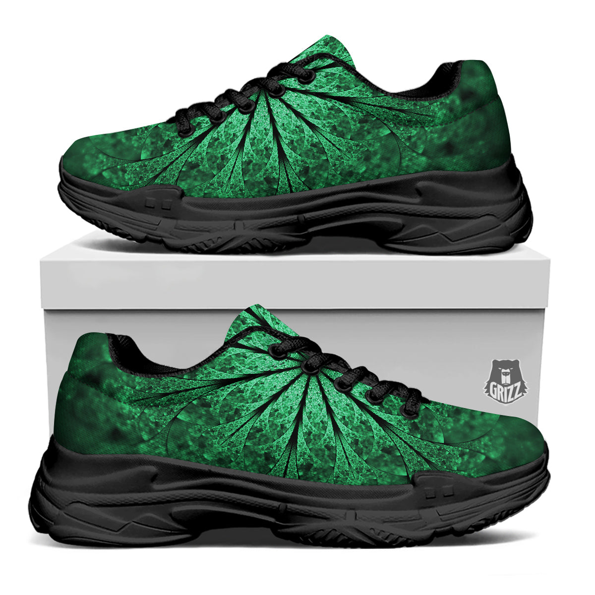 Kaleidoscope Dark Green Print Black Chunky Shoes-grizzshop