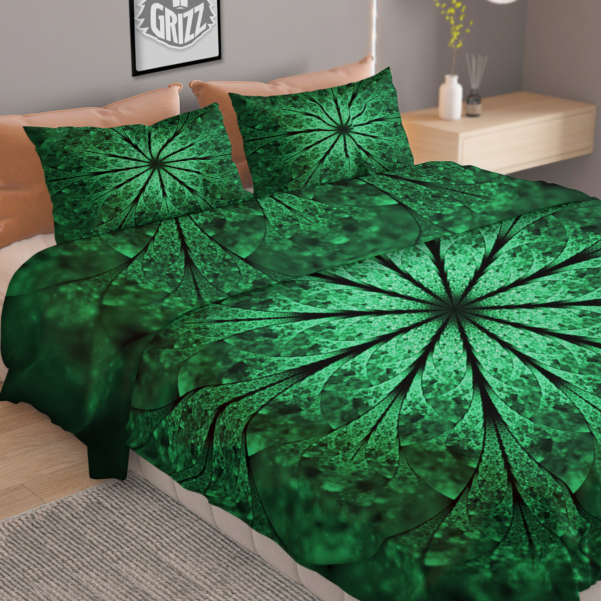 Kaleidoscope Dark Green Print Duvet Cover Bedding Set
