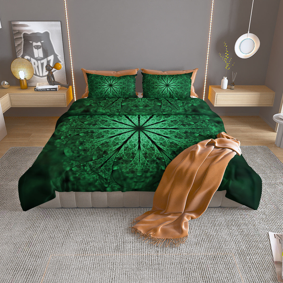 Kaleidoscope Dark Green Print Duvet Cover Bedding Set