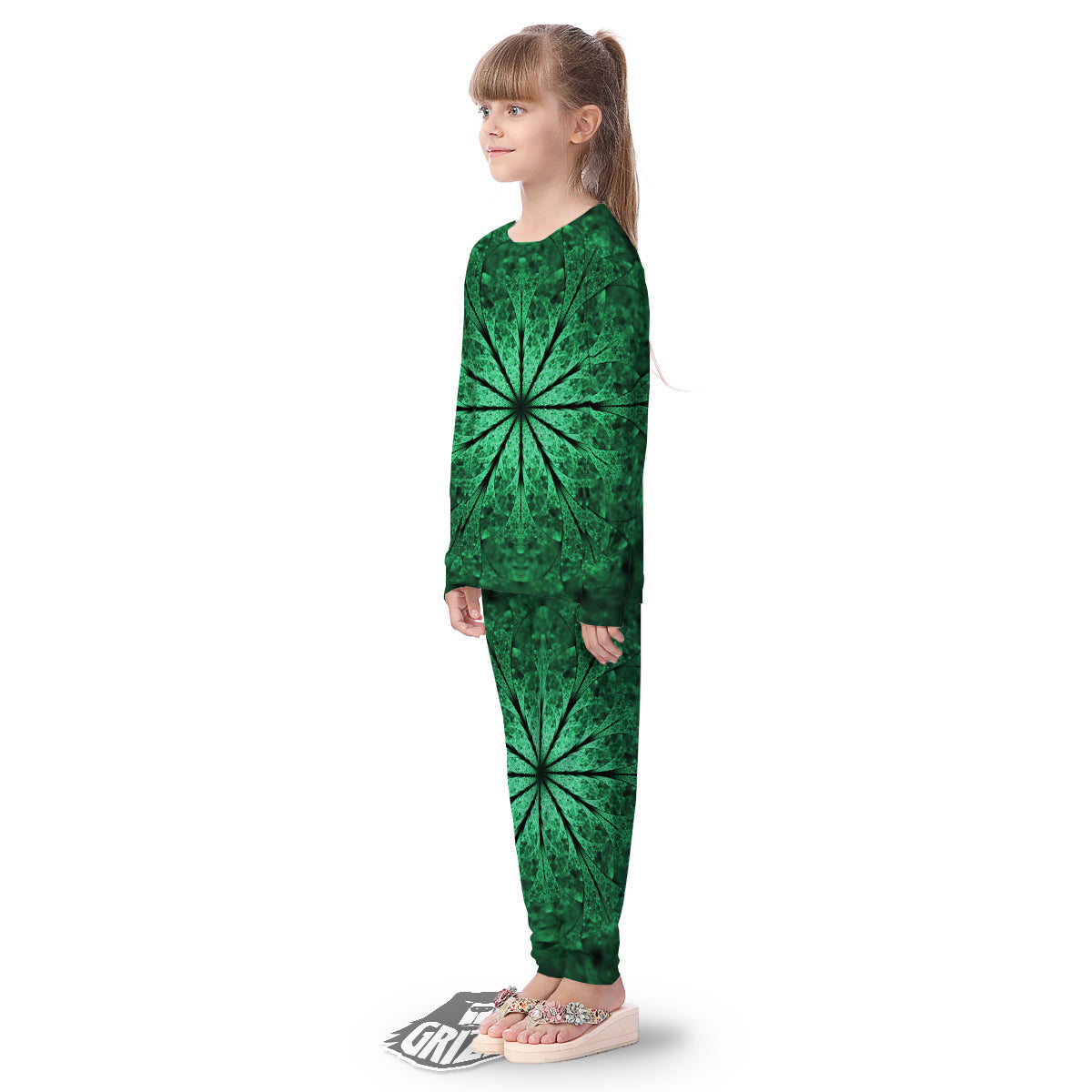 Kaleidoscope Dark Green Print Kid's Pajamas-grizzshop