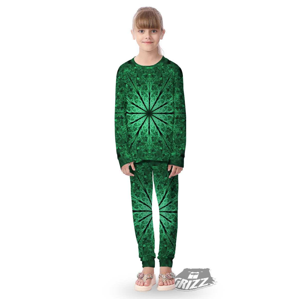 Kaleidoscope Dark Green Print Kid's Pajamas-grizzshop