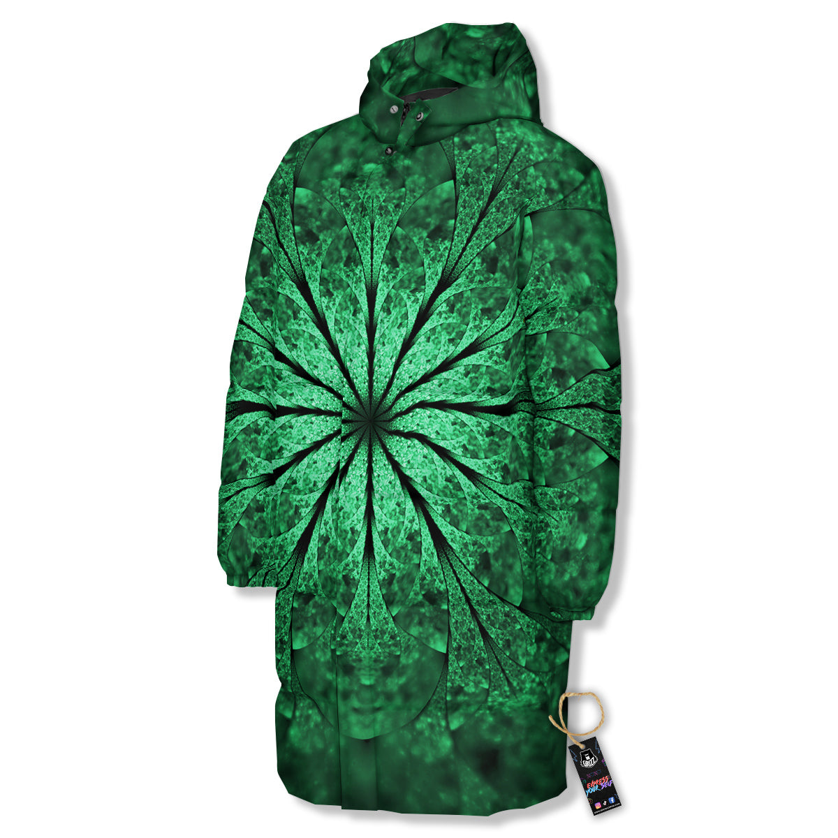Kaleidoscope Dark Green Print Long Down Jacket-grizzshop