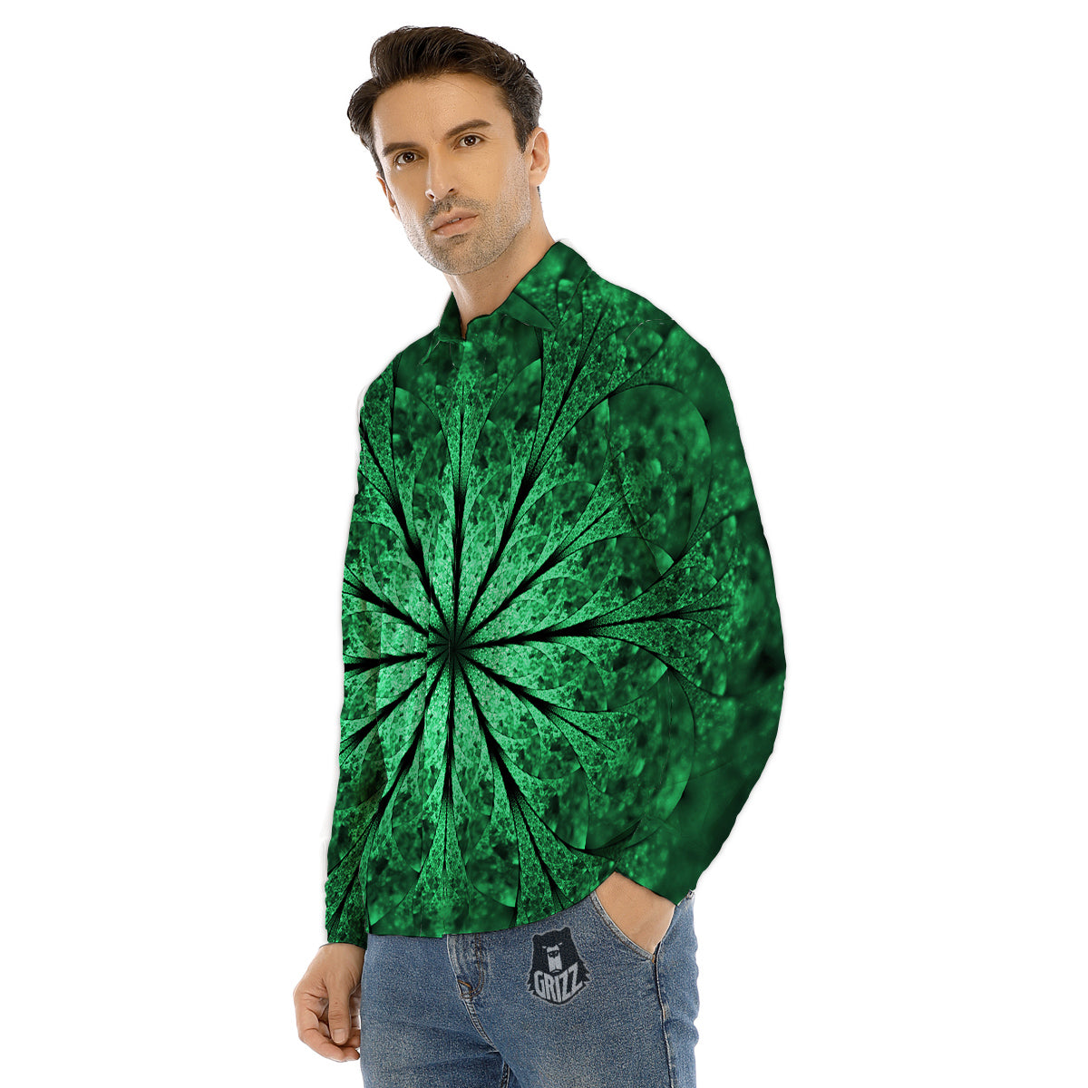 Kaleidoscope Dark Green Print Men's Dress Shirts-grizzshop