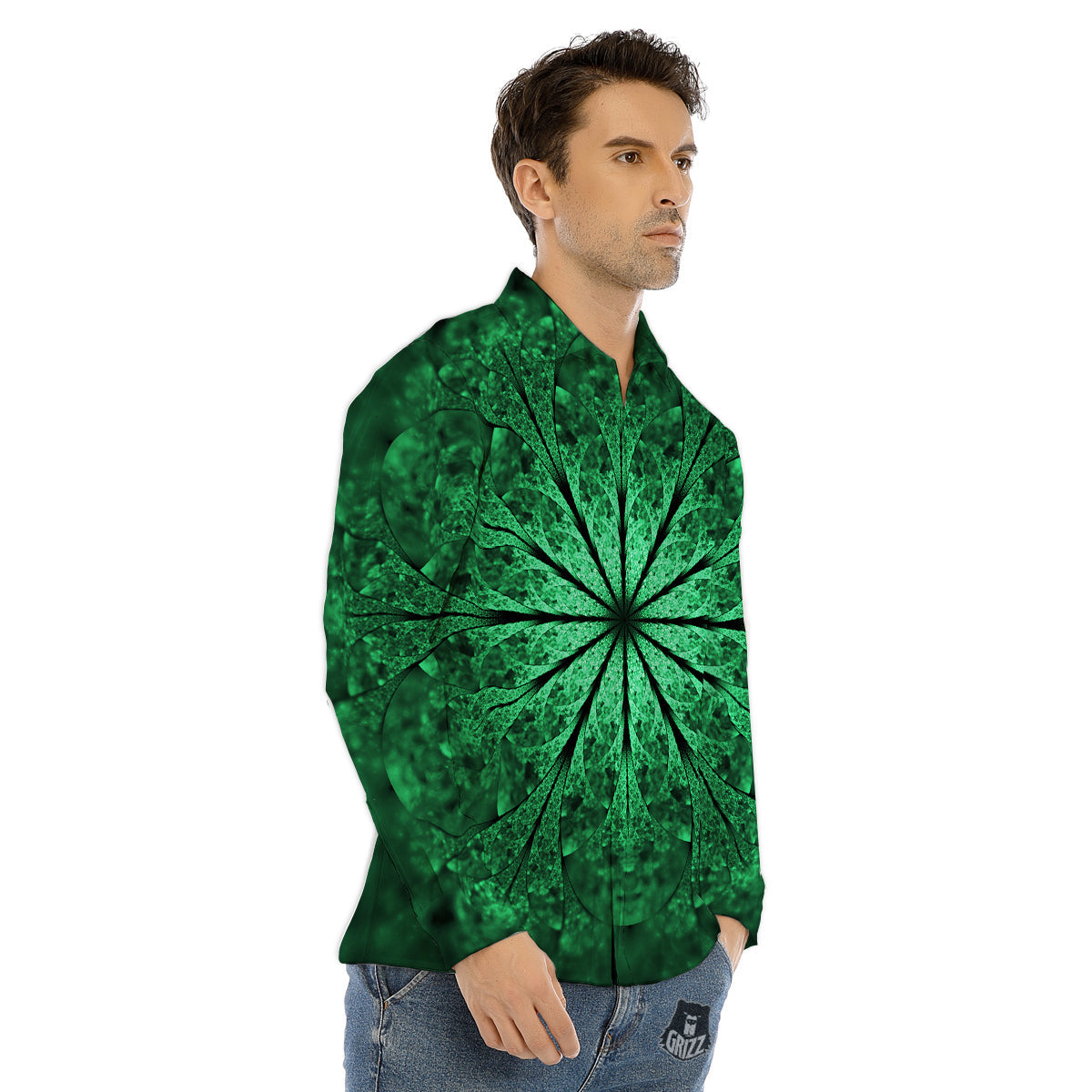 Kaleidoscope Dark Green Print Men's Dress Shirts-grizzshop