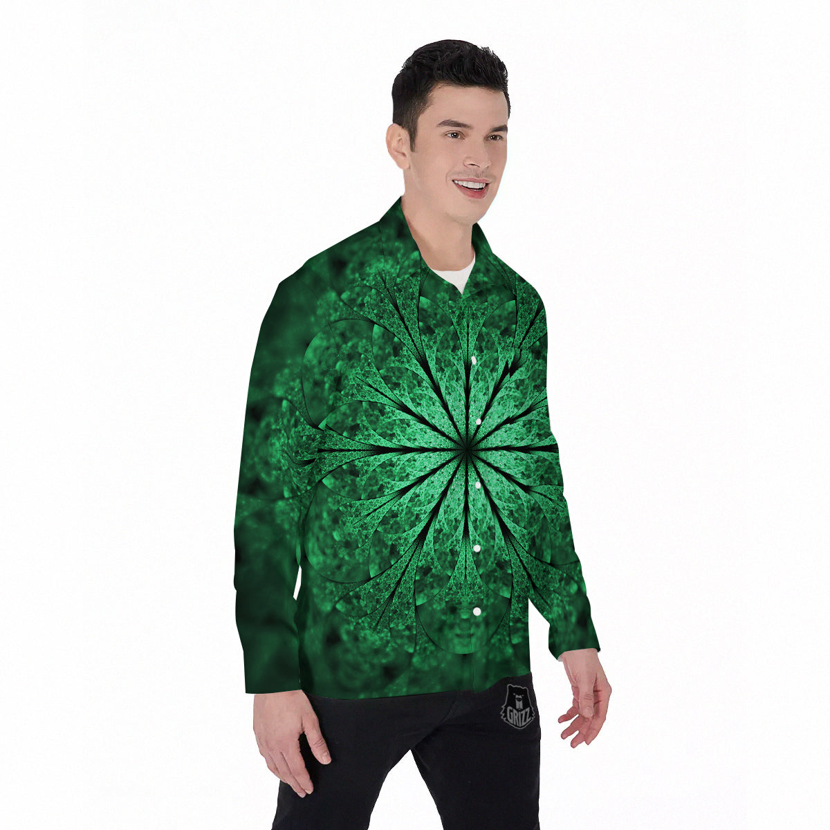 Kaleidoscope Dark Green Print Men's Long Sleeve Shirts-grizzshop