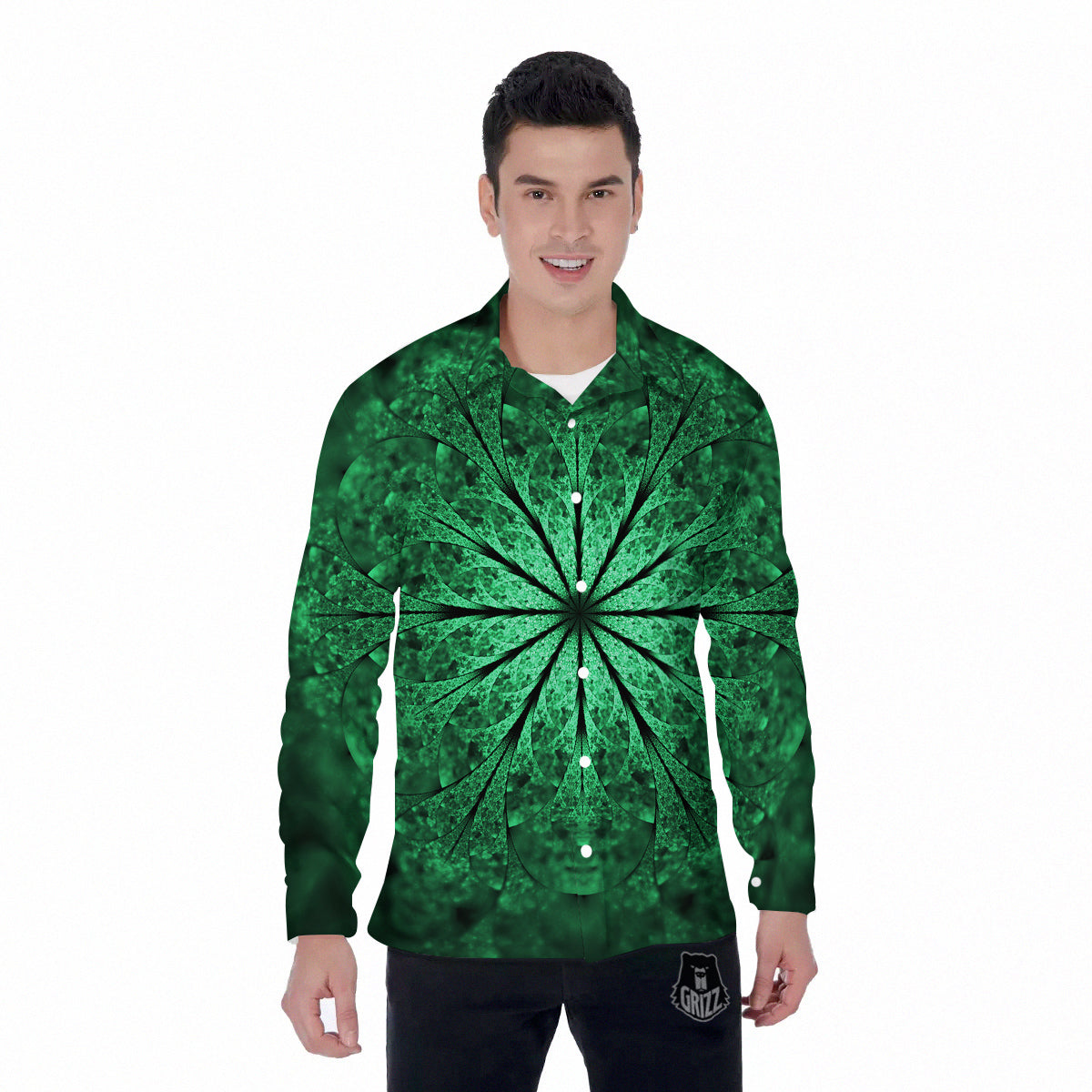 Kaleidoscope Dark Green Print Men's Long Sleeve Shirts-grizzshop