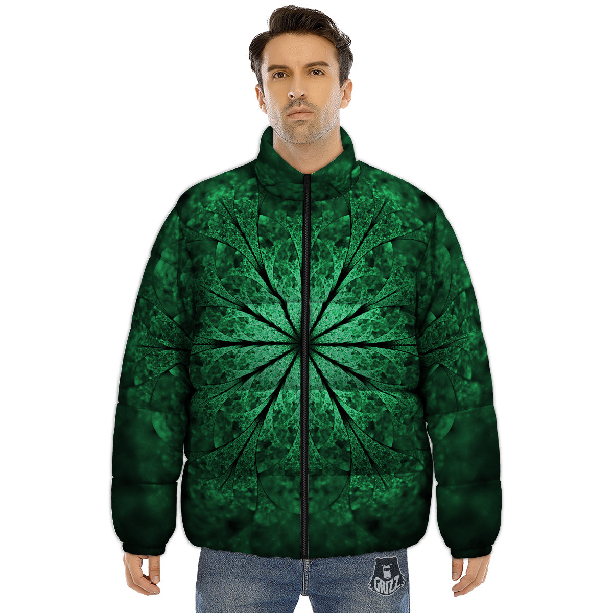 Kaleidoscope Dark Green Print Puffer Jacket-grizzshop