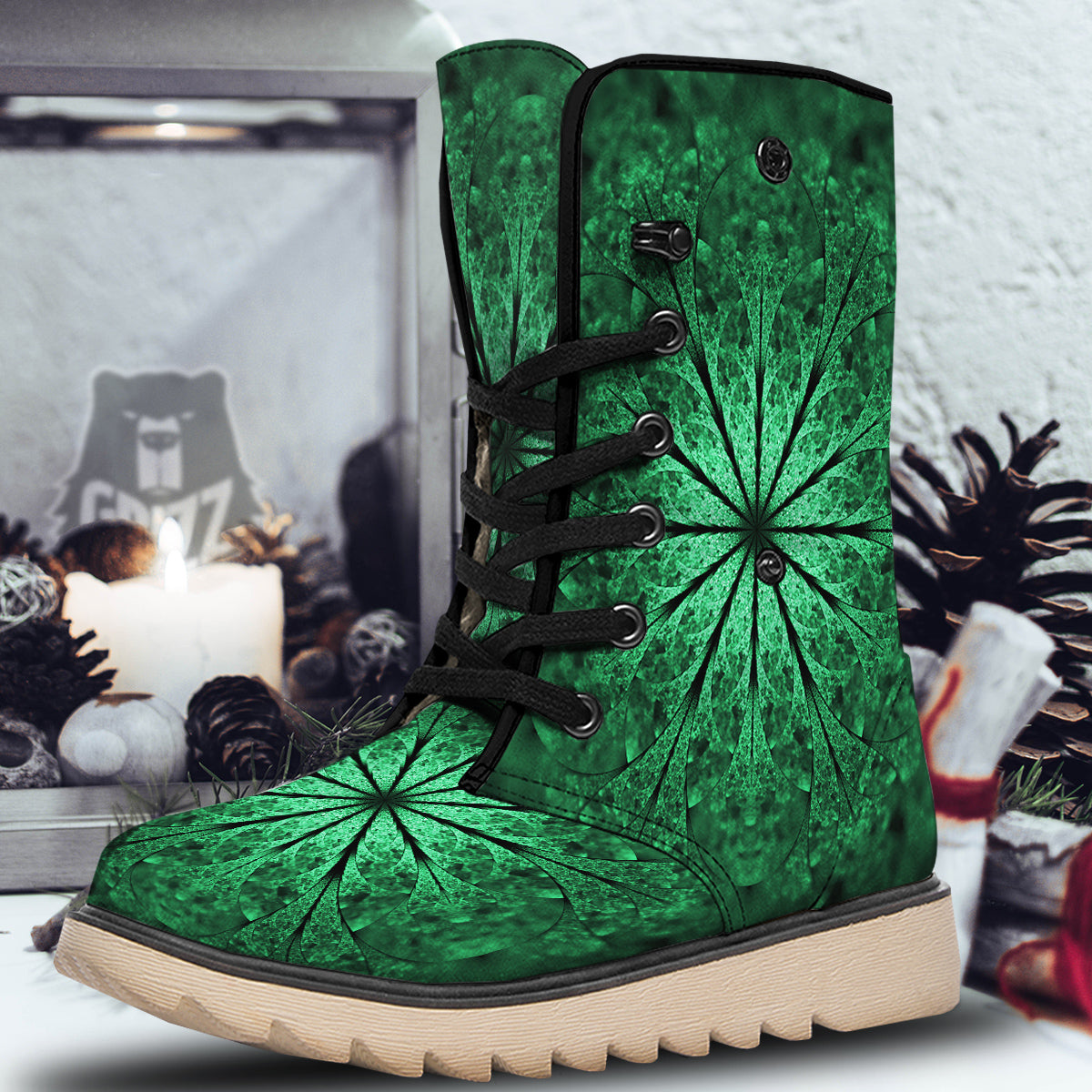 Kaleidoscope Dark Green Print Snow Boots-grizzshop