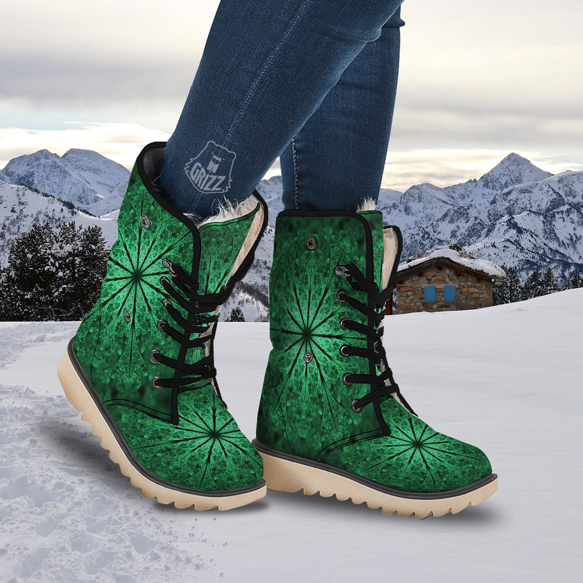 Kaleidoscope Dark Green Print Snow Boots-grizzshop