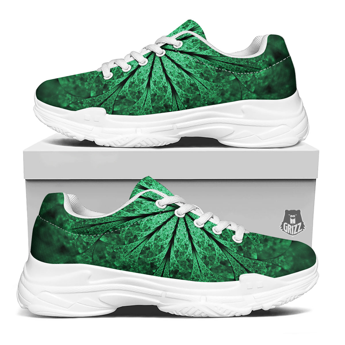 Kaleidoscope Dark Green Print White Chunky Shoes-grizzshop