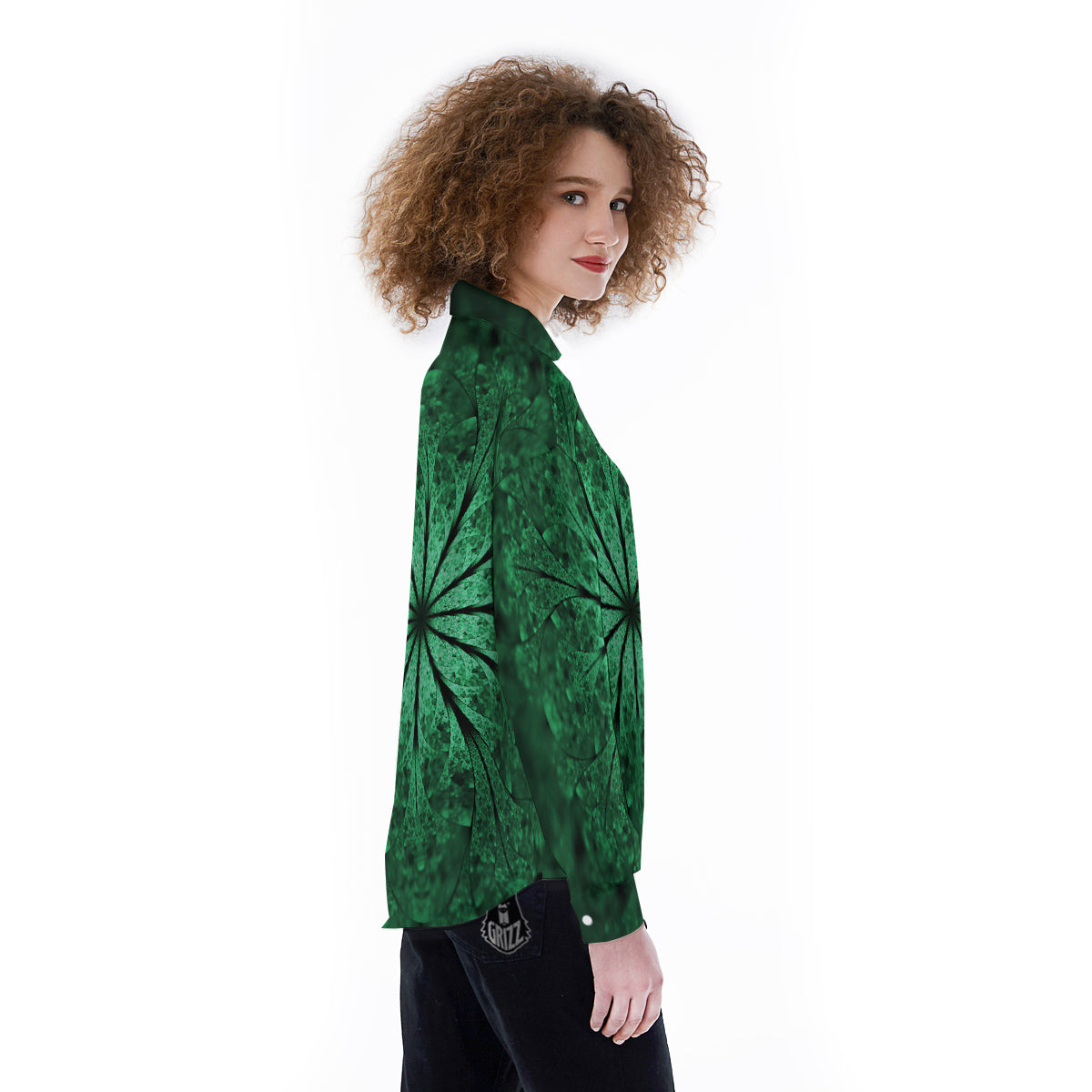 Kaleidoscope Dark Green Print Women's Long Sleeve Shirts-grizzshop