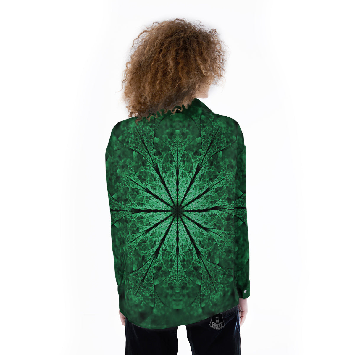 Kaleidoscope Dark Green Print Women's Long Sleeve Shirts-grizzshop