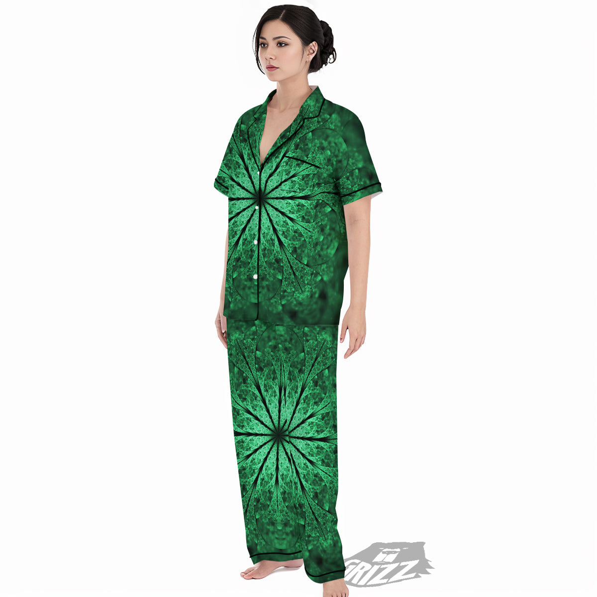 Kaleidoscope Dark Green Print Women's Pajamas Set-grizzshop