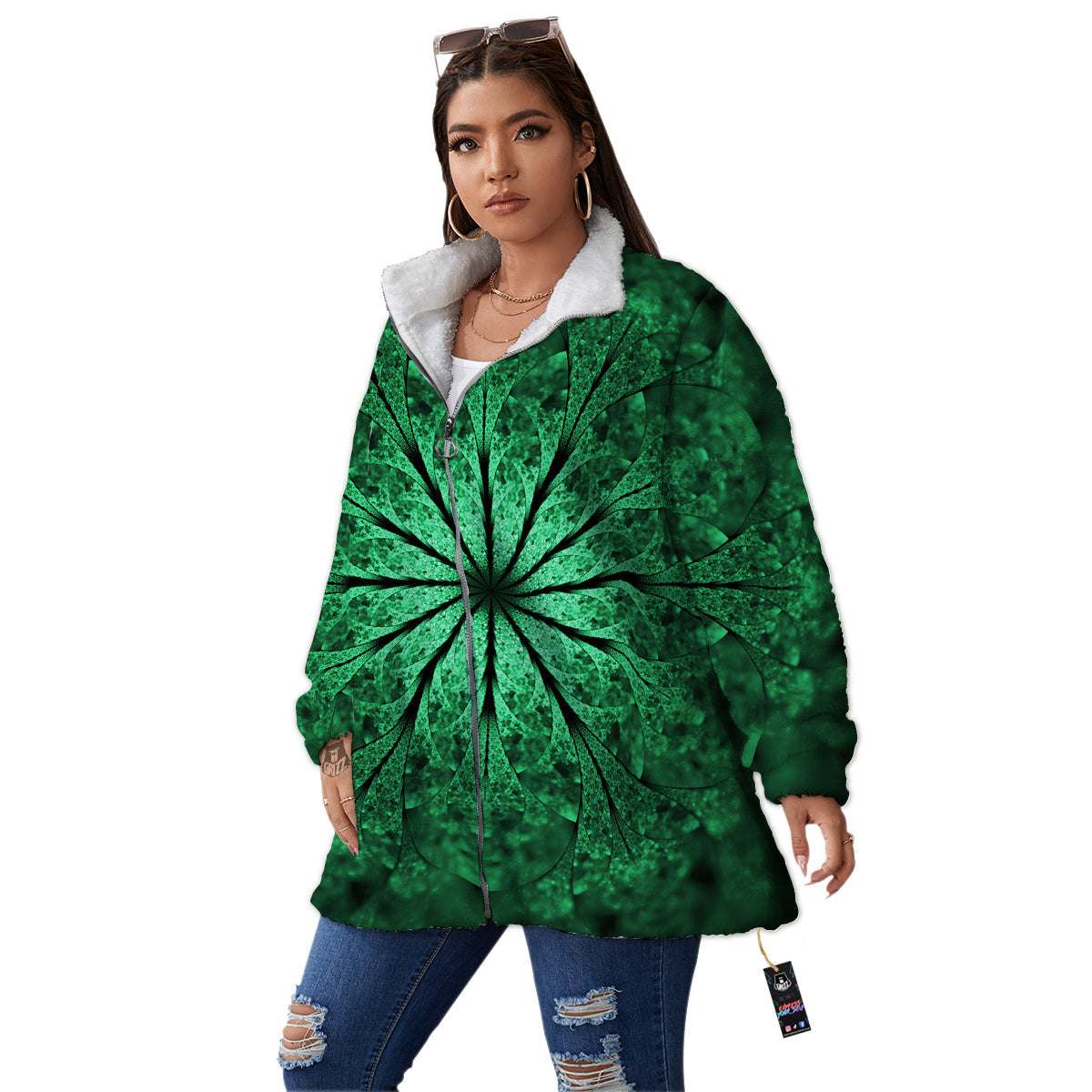 Kaleidoscope Dark Green Print Women's Sherpa Jacket-grizzshop