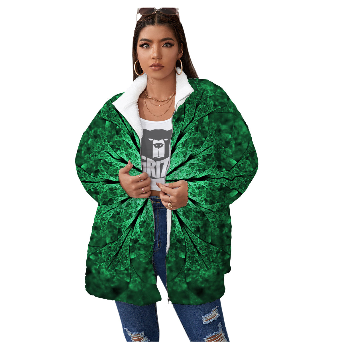 Kaleidoscope Dark Green Print Women's Sherpa Jacket-grizzshop