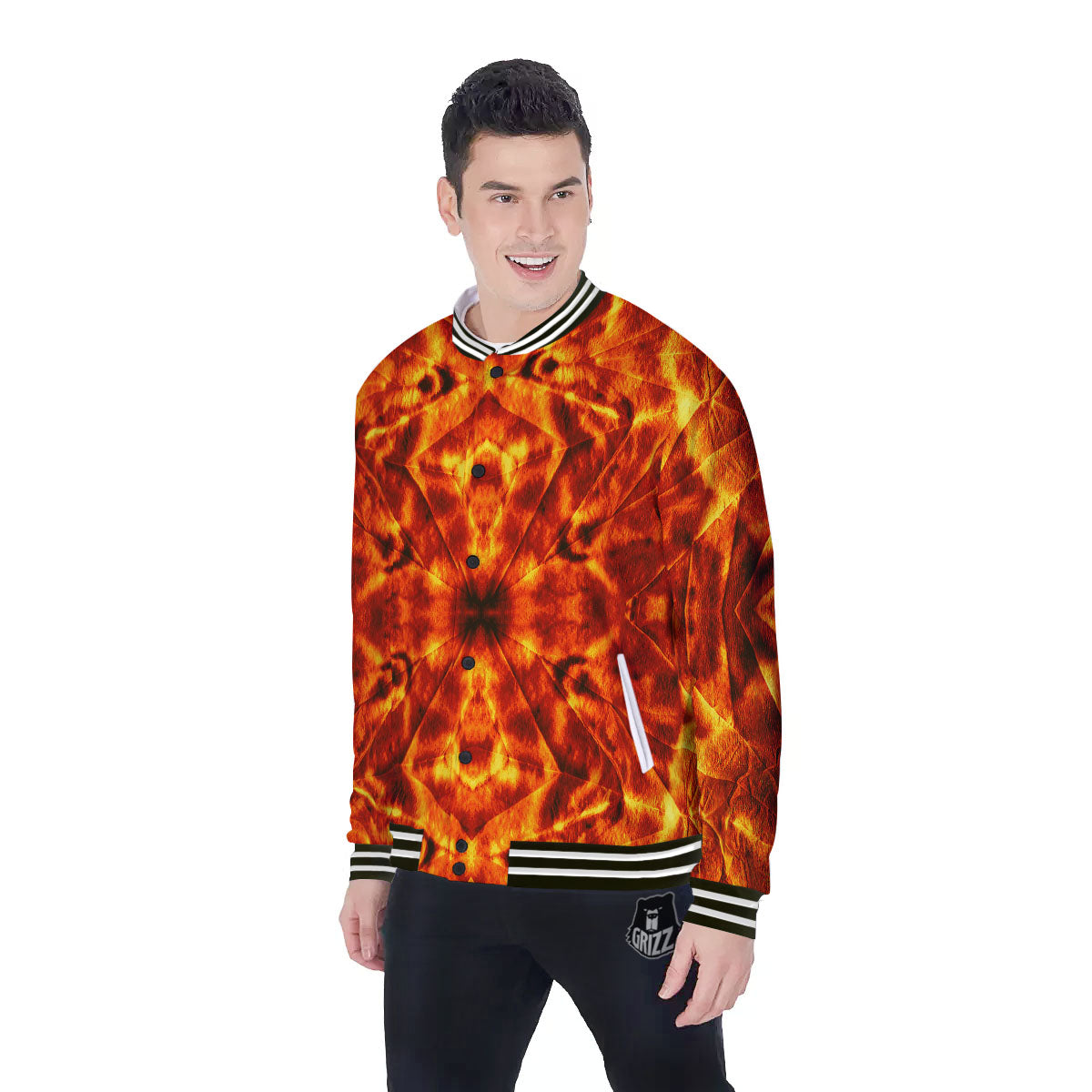 Kaleidoscope Flame Print Baseball Jacket-grizzshop