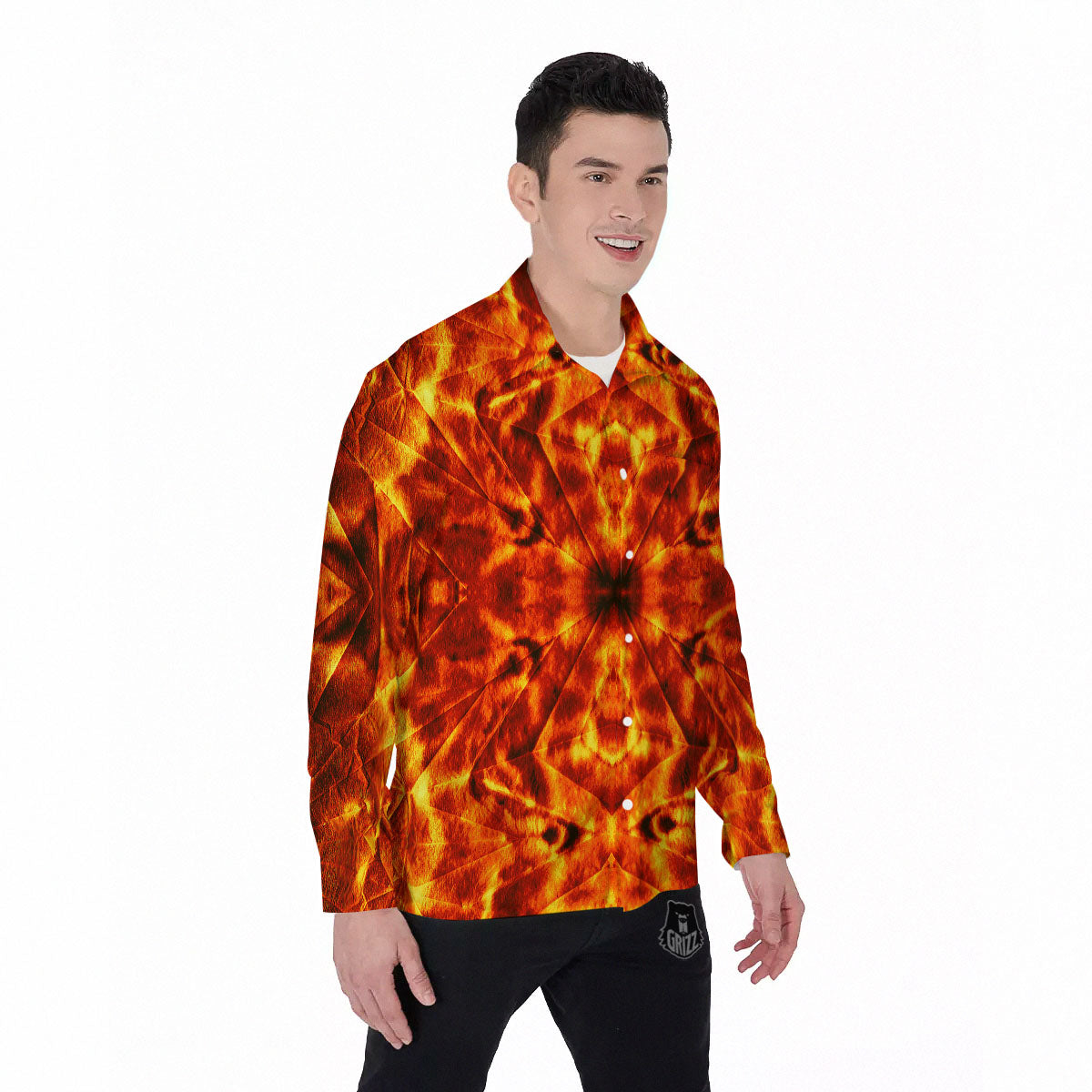 Kaleidoscope Flame Print Men's Long Sleeve Shirts-grizzshop