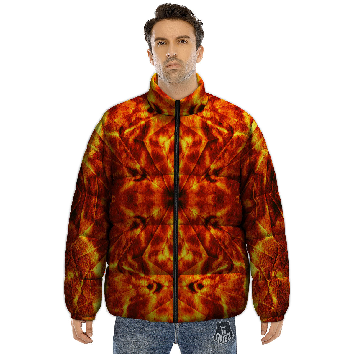 Kaleidoscope Flame Print Puffer Jacket-grizzshop
