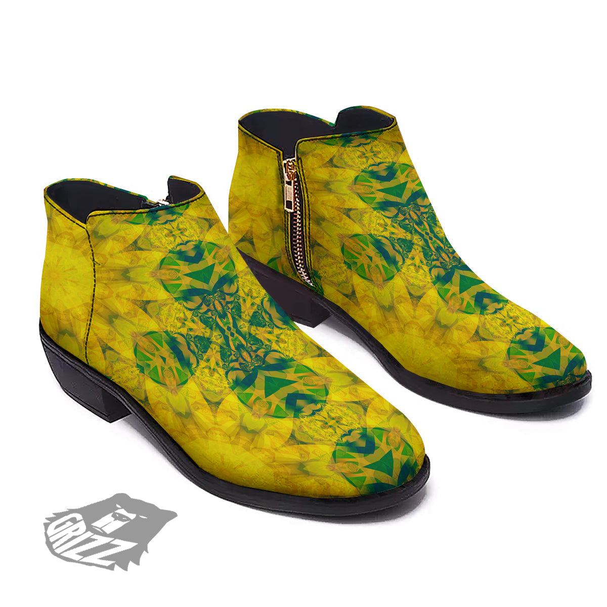 Kaleidoscope Flower Yellow Print Pattern Ankle Boots-grizzshop