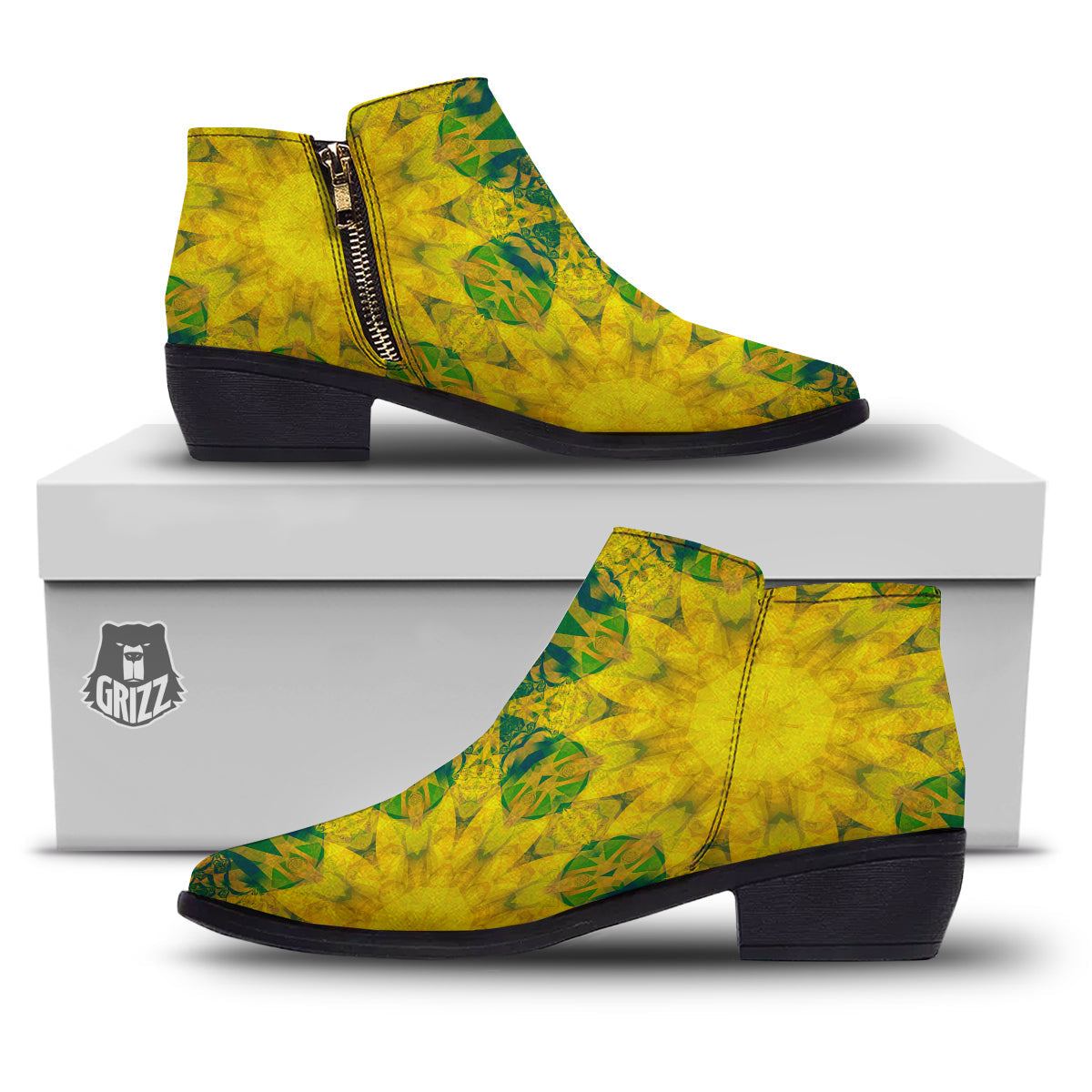 Kaleidoscope Flower Yellow Print Pattern Ankle Boots-grizzshop