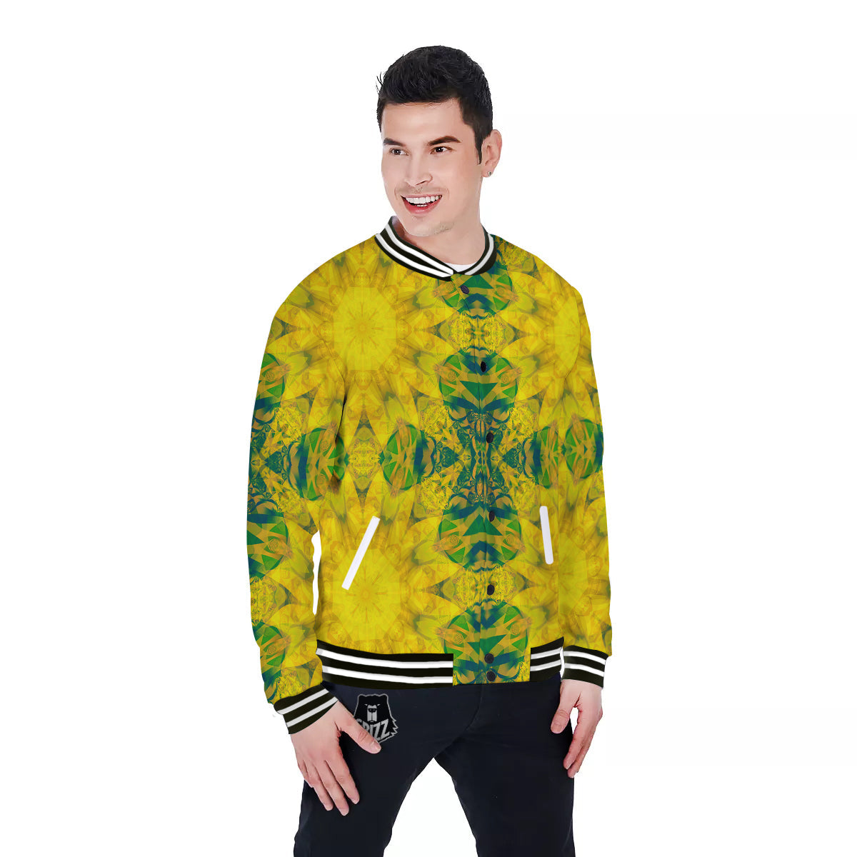 Kaleidoscope Flower Yellow Print Pattern Baseball Jacket-grizzshop