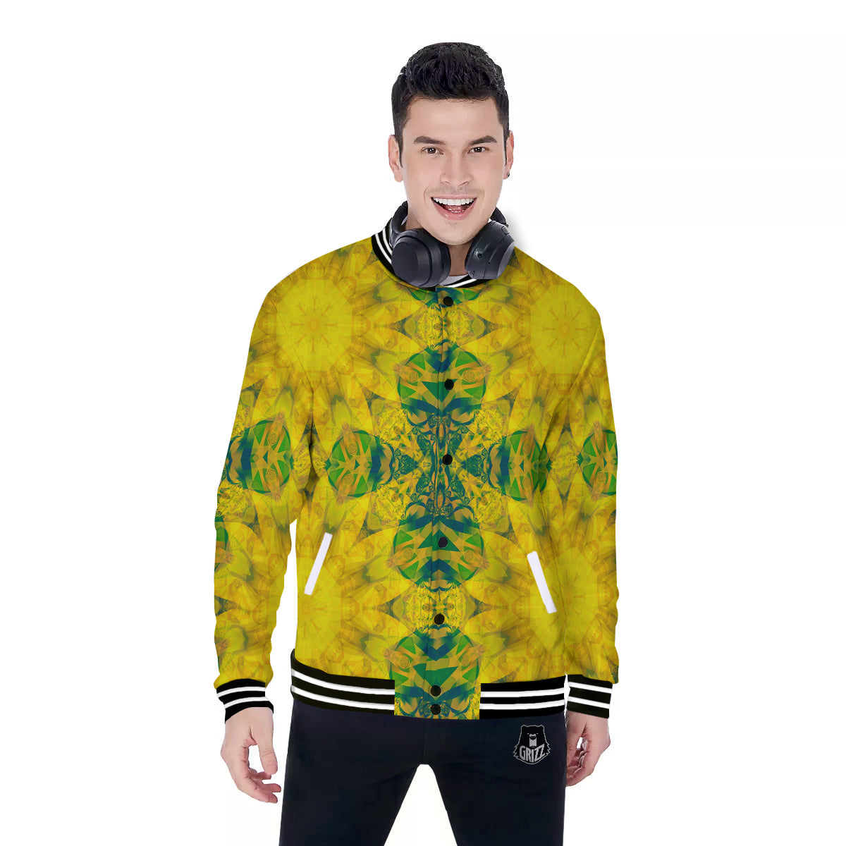 Kaleidoscope Flower Yellow Print Pattern Baseball Jacket-grizzshop