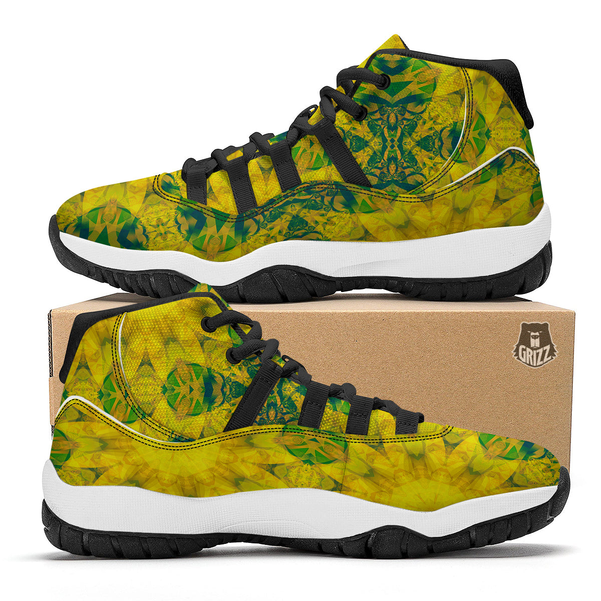 Kaleidoscope Flower Yellow Print Pattern Black Bball Shoes-grizzshop