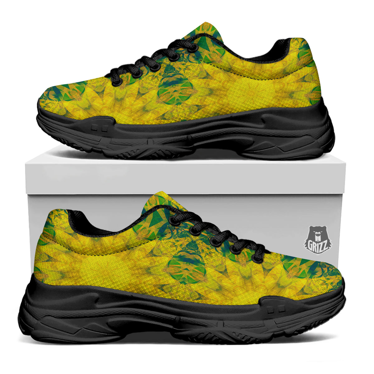Kaleidoscope Flower Yellow Print Pattern Black Chunky Shoes-grizzshop
