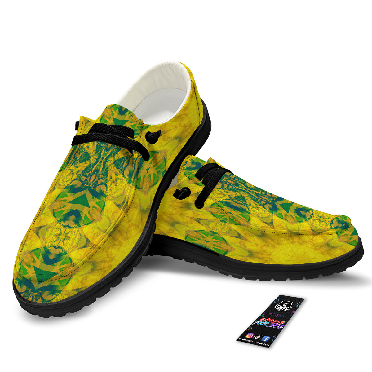 Kaleidoscope Flower Yellow Print Pattern Black Loafers-grizzshop