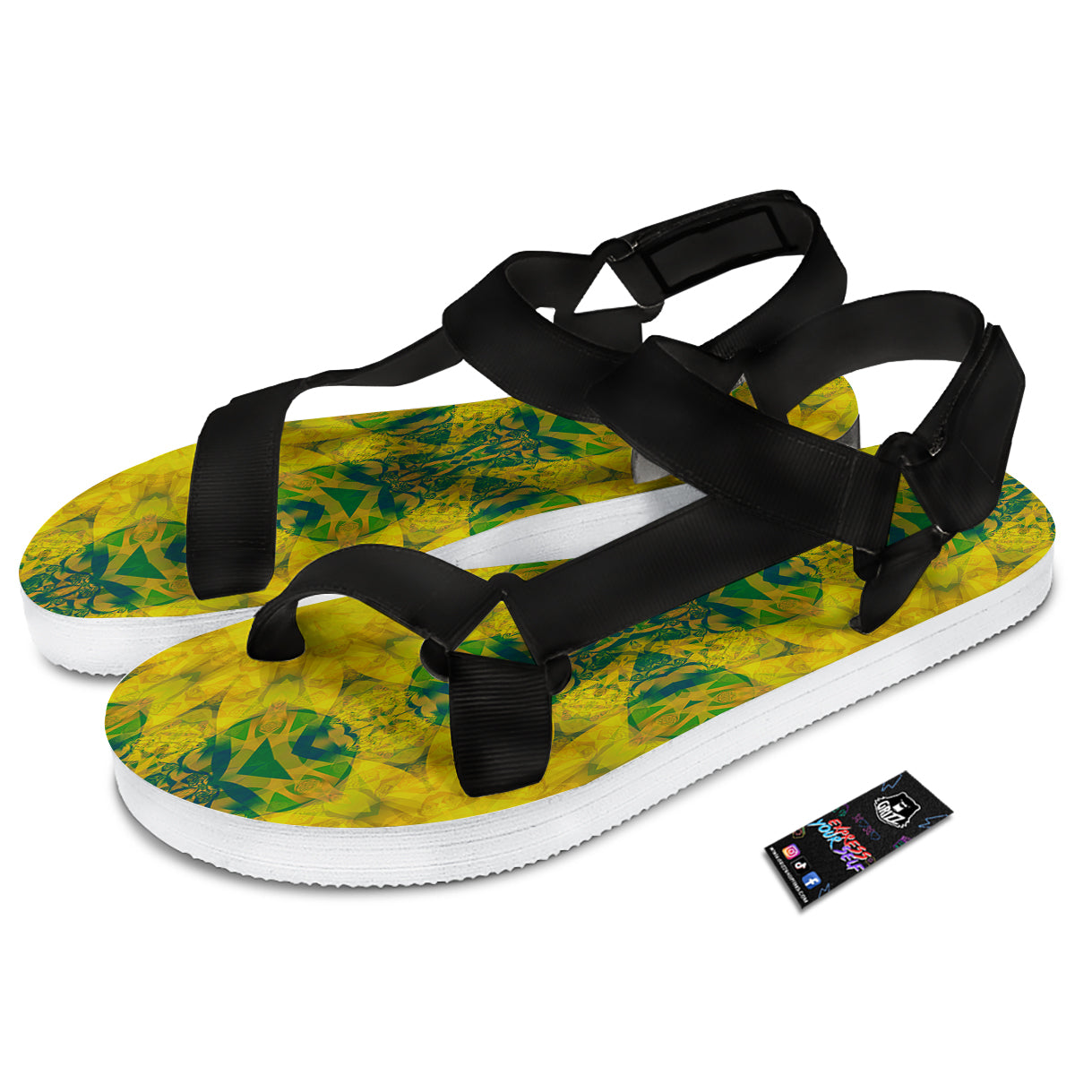 Kaleidoscope Flower Yellow Print Pattern Black Open Toe Sandals-grizzshop