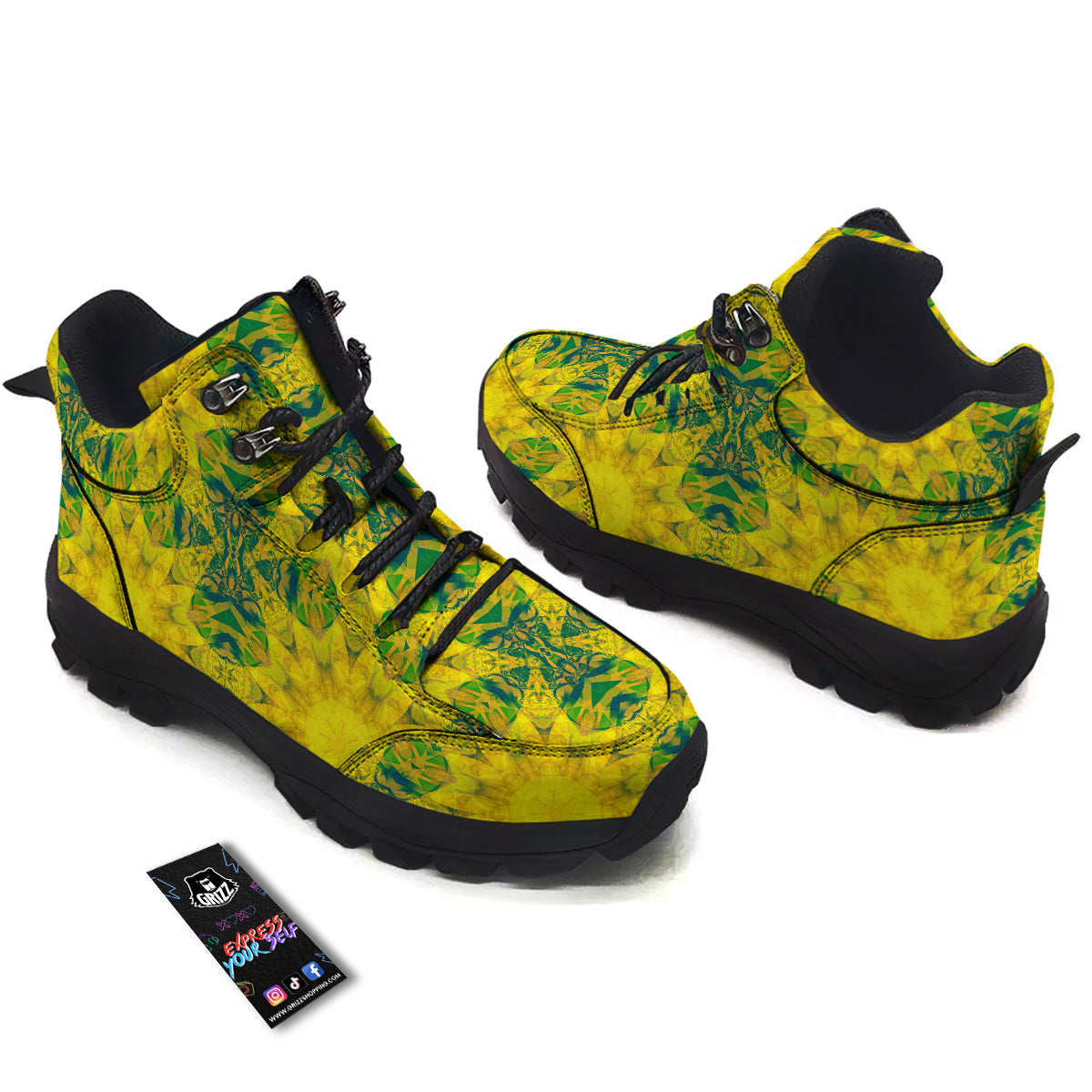 Kaleidoscope Flower Yellow Print Pattern Hiking Shoes-grizzshop