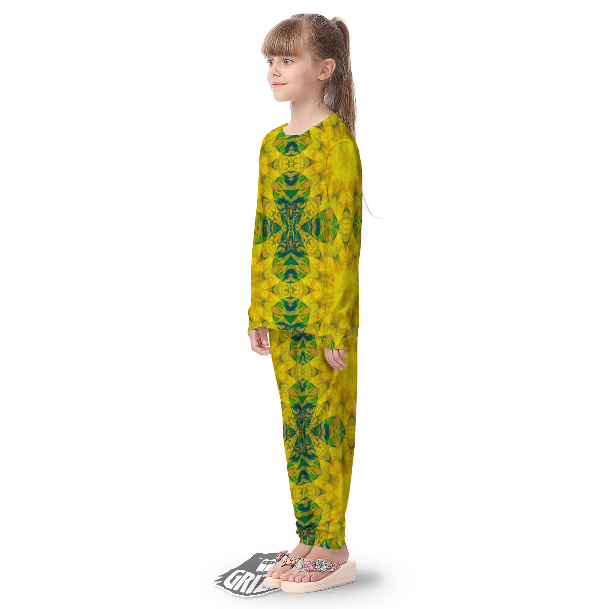Kaleidoscope Flower Yellow Print Pattern Kid's Pajamas-grizzshop