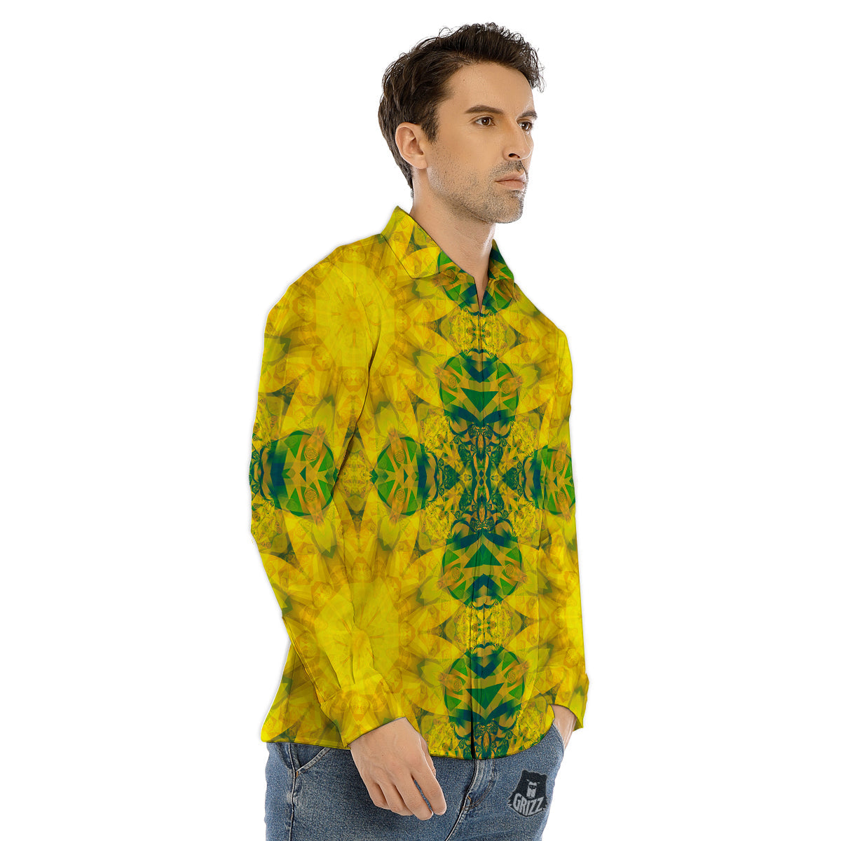 Kaleidoscope Flower Yellow Print Pattern Men's Dress Shirts-grizzshop
