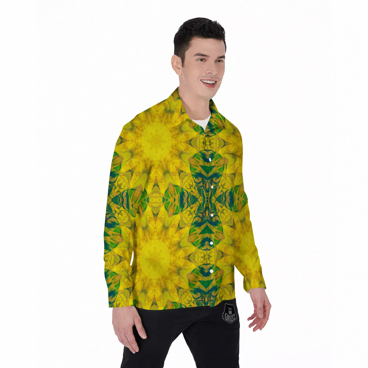 Kaleidoscope Flower Yellow Print Pattern Men's Long Sleeve Shirts-grizzshop