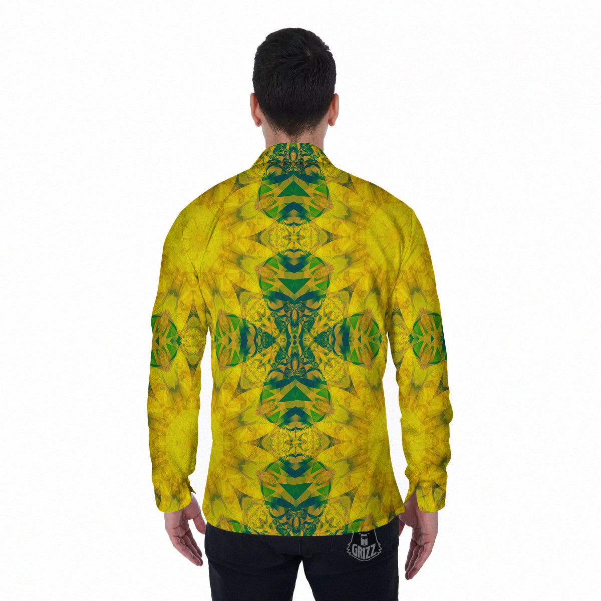 Kaleidoscope Flower Yellow Print Pattern Men's Long Sleeve Shirts-grizzshop