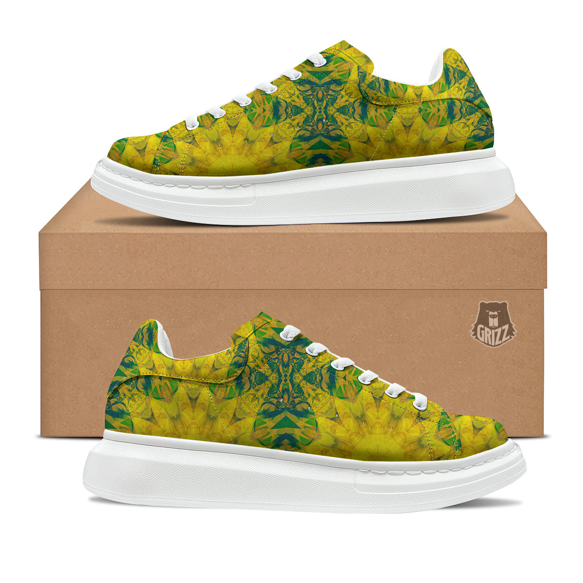 Kaleidoscope Flower Yellow Print Pattern Platform Shoes-grizzshop