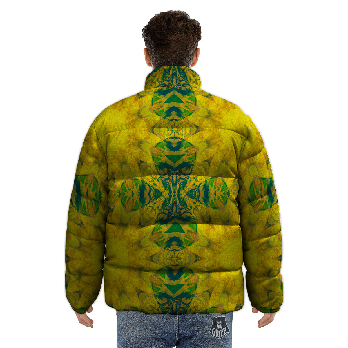 Kaleidoscope Flower Yellow Print Pattern Puffer Jacket-grizzshop