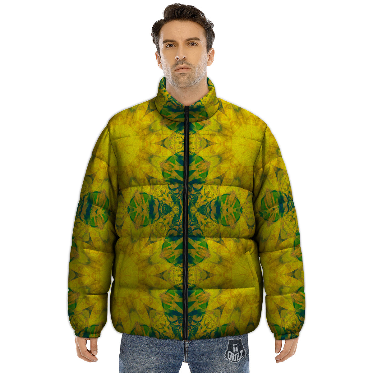 Kaleidoscope Flower Yellow Print Pattern Puffer Jacket-grizzshop