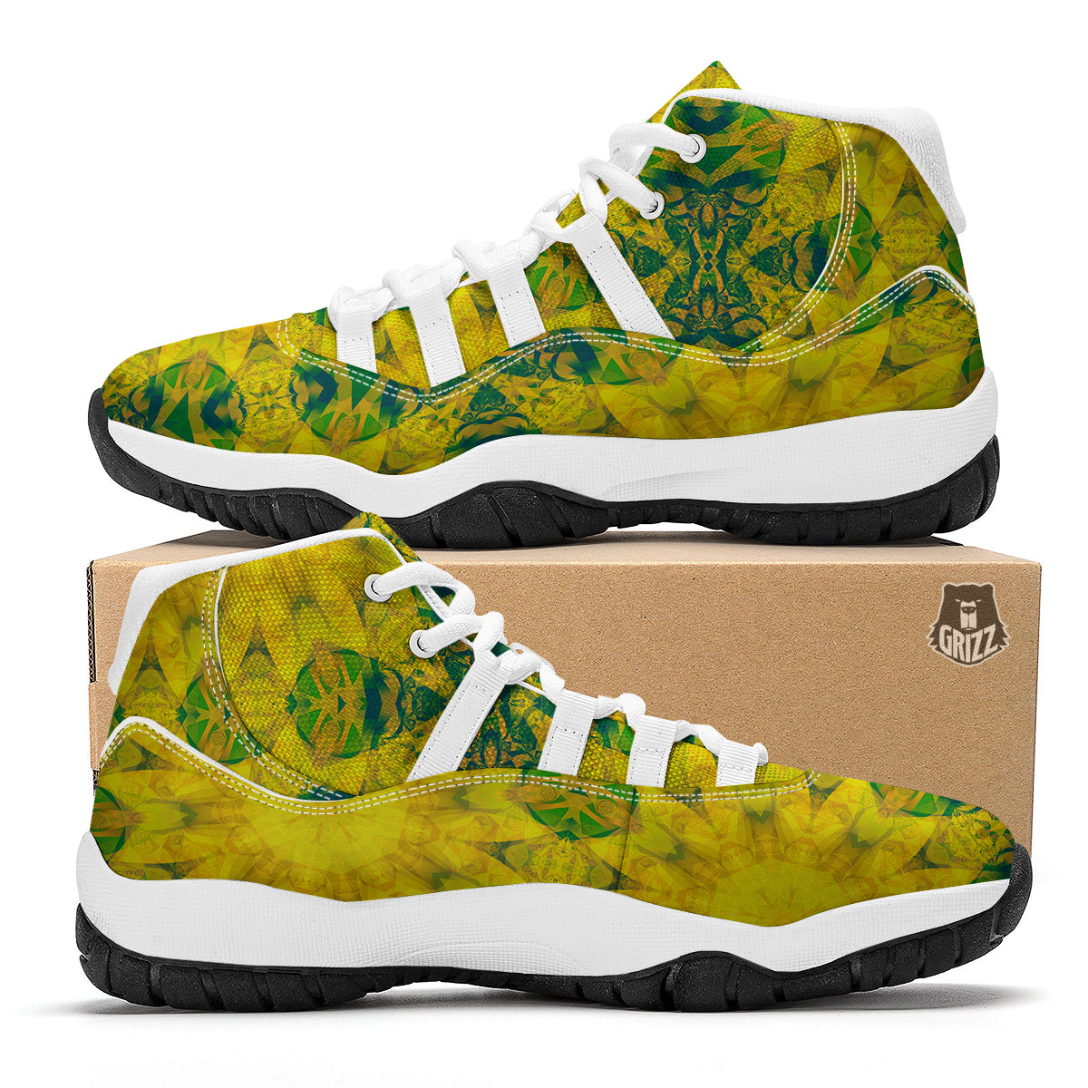 Kaleidoscope Flower Yellow Print Pattern White Bball Shoes-grizzshop