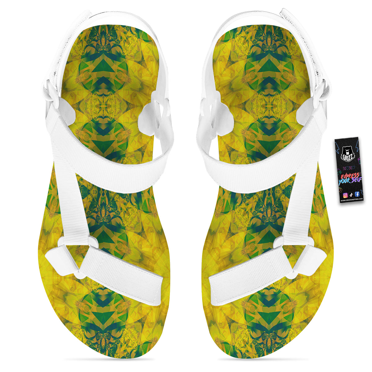 Kaleidoscope Flower Yellow Print Pattern White Open Toe Sandals-grizzshop