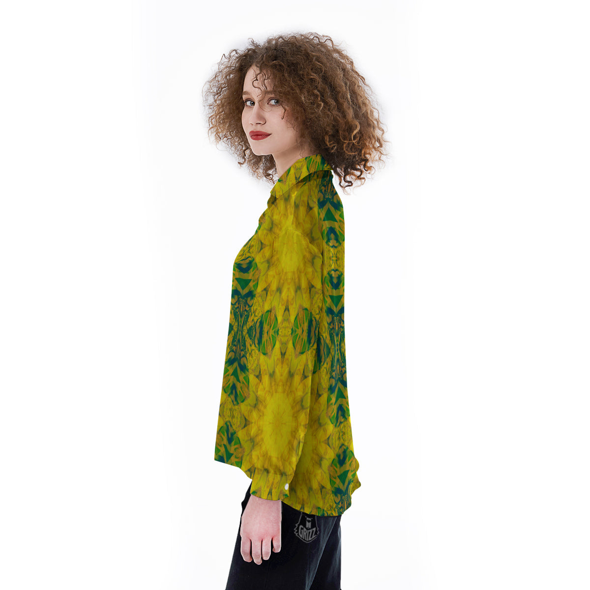 Kaleidoscope Flower Yellow Print Pattern Women's Long Sleeve Shirts-grizzshop